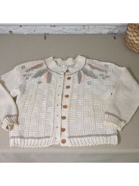 Cream Knit Cardigan Sweater 1980s Gandmacore Size Large Handknit